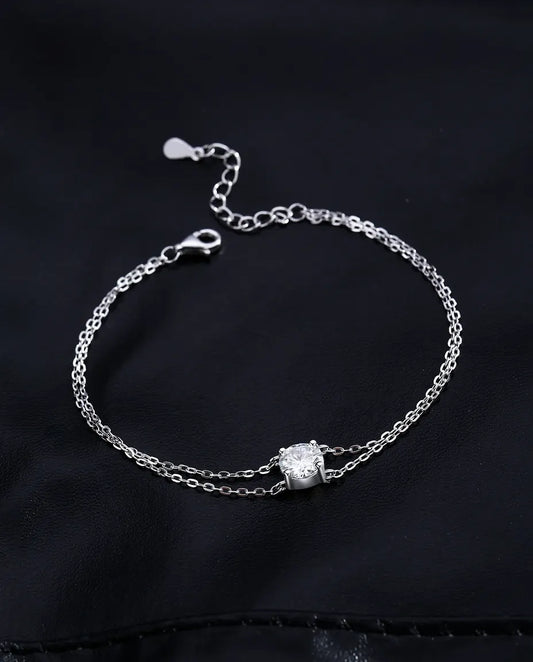 Bracelet Moissanite Double Rang en argent 925 – pierre ronde de 1 ct couleur D, deux chaînes fines réglables