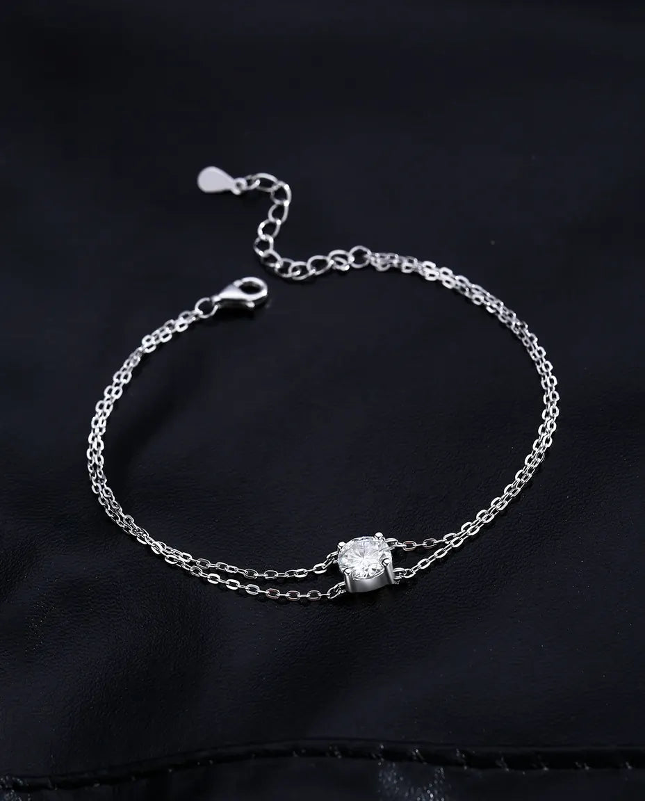 Bracelet Moissanite Double Rang en argent 925 – pierre ronde de 1 ct couleur D, deux chaînes fines réglables