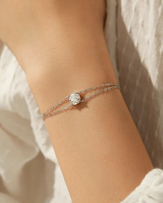 Bracelet Moissanite Double Rang en argent 925 – pierre ronde de 1 ct couleur D, deux chaînes fines réglables