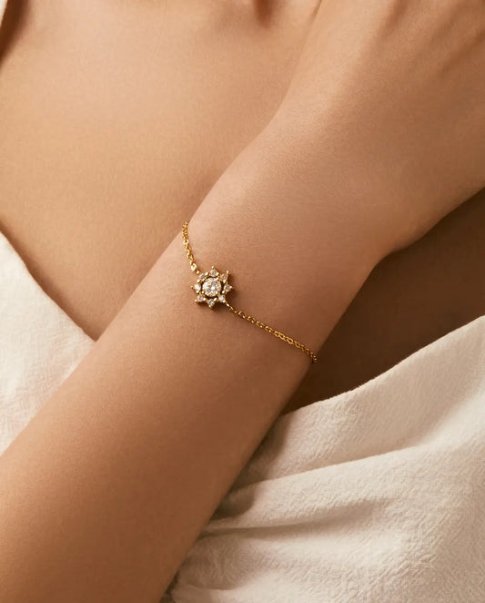Bracelet Moissanite Flocon en argent 925 doré à l'or fin – pierre de 0,5 ct couleur D, chaîne fine réglable