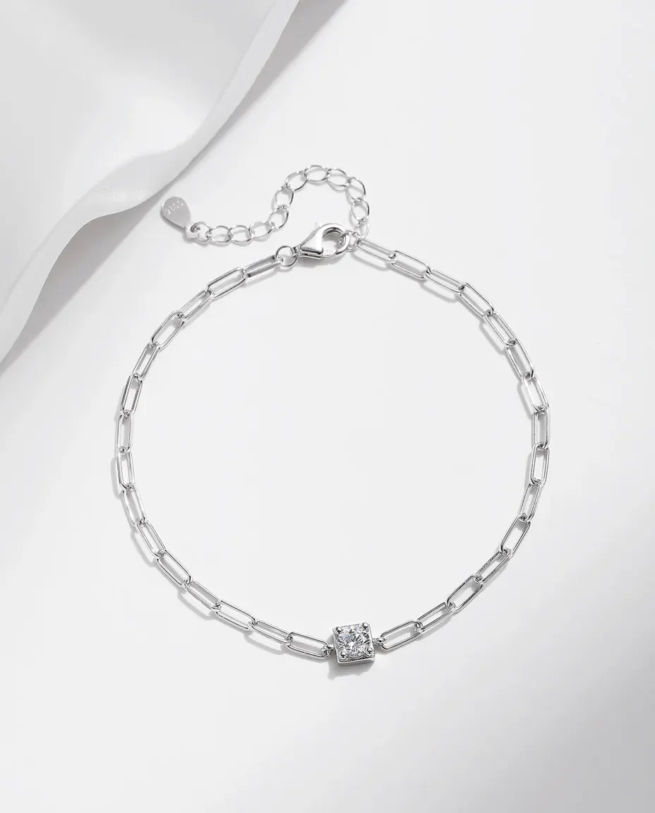 Bracelet Moissanite Maille Trombone en argent 925 – pierre de 0,3 ct couleur D sertie clos carré