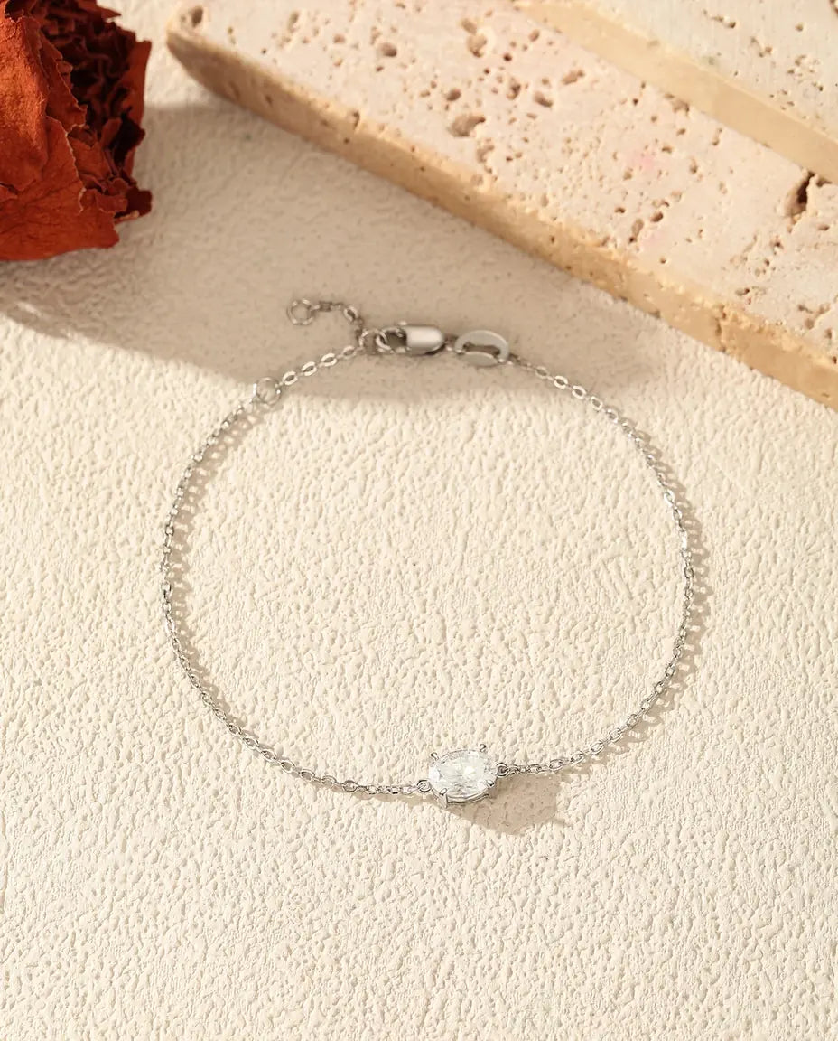 Bracelet Moissanite Ovale en argent 925 – solitaire taille ovale de 1 ct couleur D, chaîne fine réglable