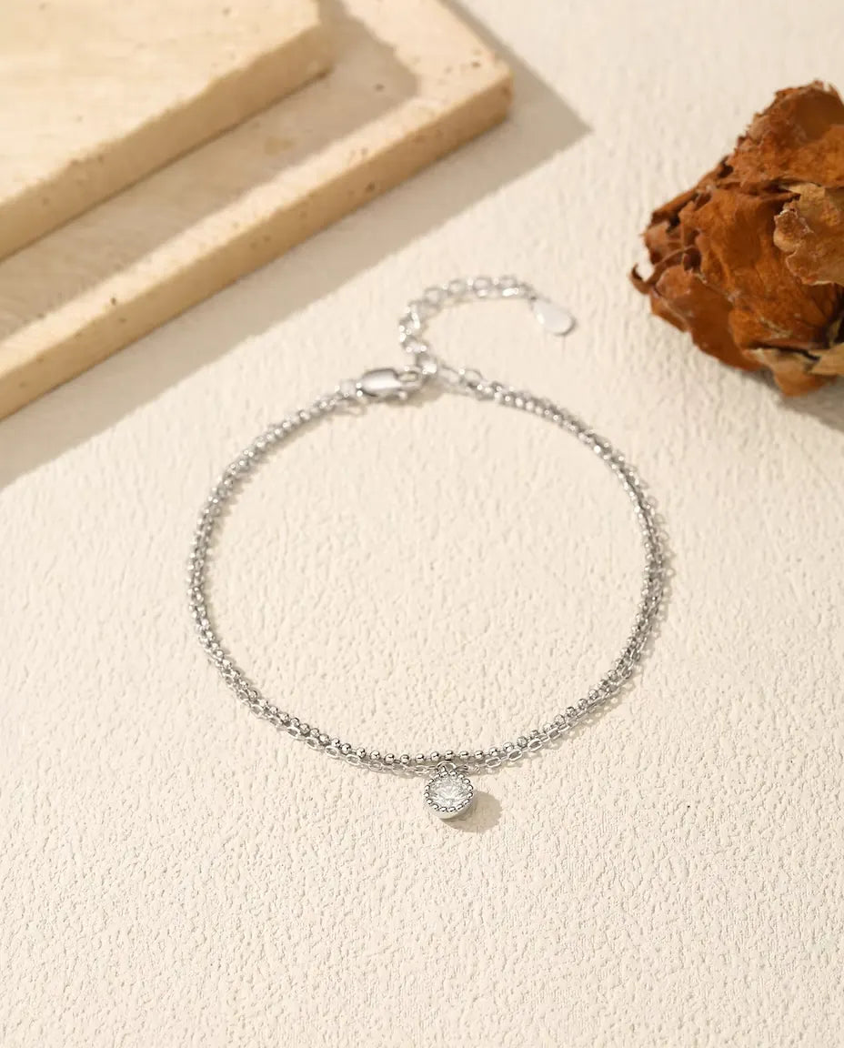 Bracelet Moissanite à Pendentif - pierre de 0,50 ct sertie clos sur une double chaîne en argent 925, 16+3 cm