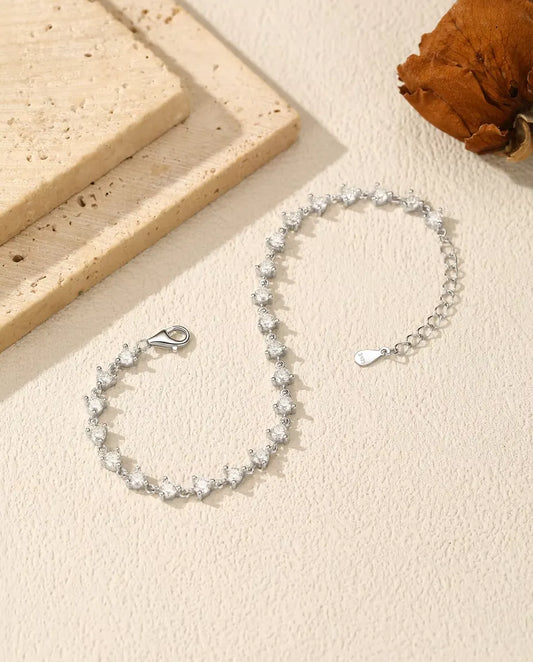 Bracelet moissanite - 24 pierres rondes couleur D serties une à une, argent 925, 16 cm avec rallonge