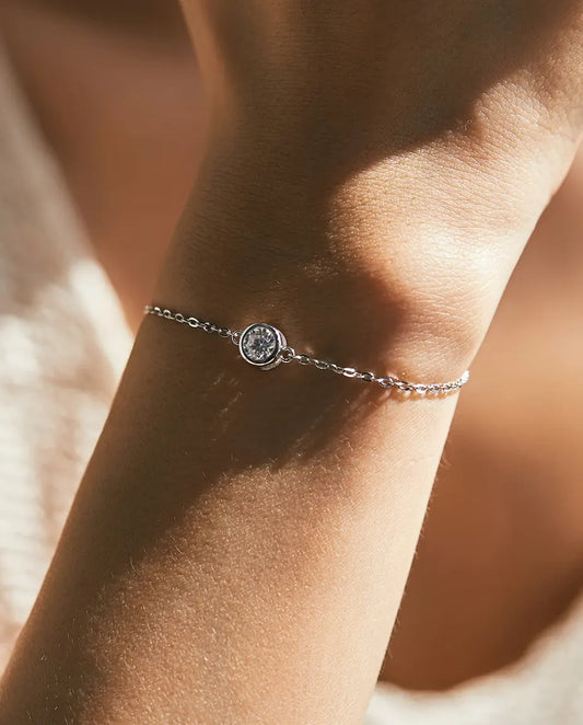 Bracelet moissanite solitaire 0,5 ct – pierre ronde couleur D sertie clos en argent 925, chaîne réglable
