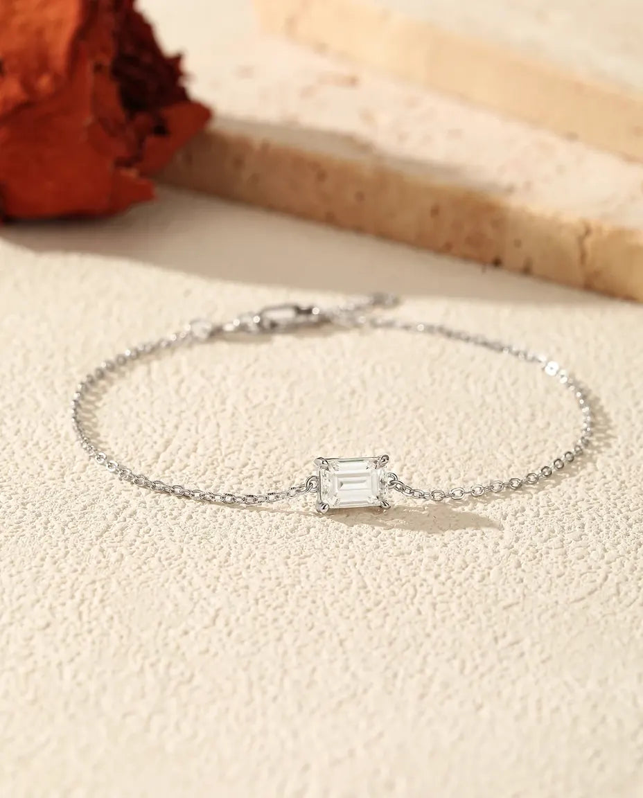 Bracelet moissanite taille émeraude 1 ct – solitaire couleur D en argent 925, chaîne 16+3 cm réglable