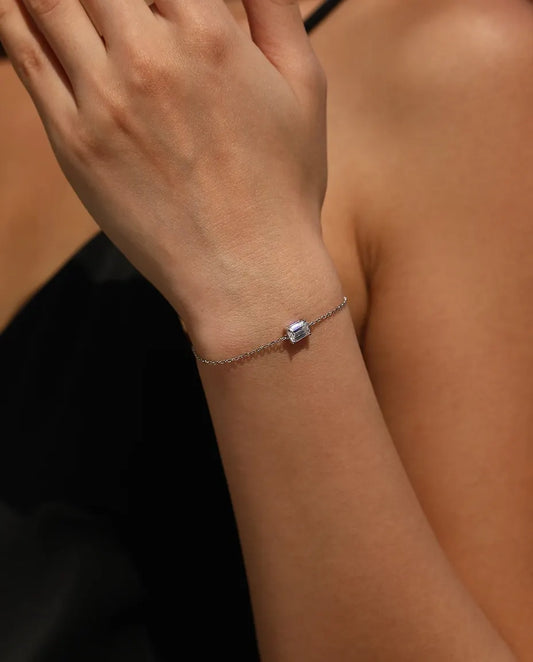 Bracelet moissanite taille émeraude 1 ct – solitaire couleur D en argent 925, chaîne 16+3 cm réglable