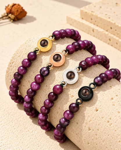 Bracelets de perles violettes avec charm doré, or rose, argenté et noir