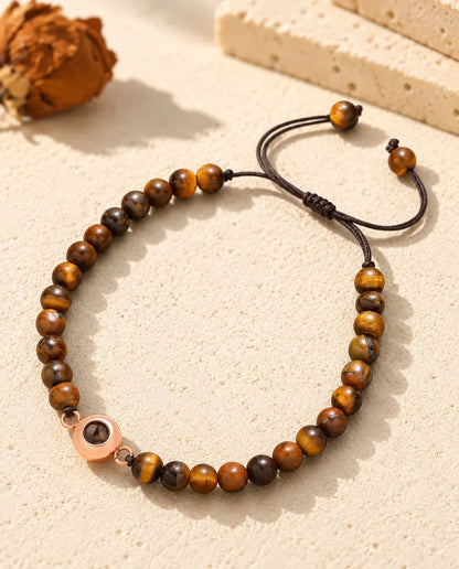 Bracelet de perles œil de tigre avec anneau photo projection couleur or rose