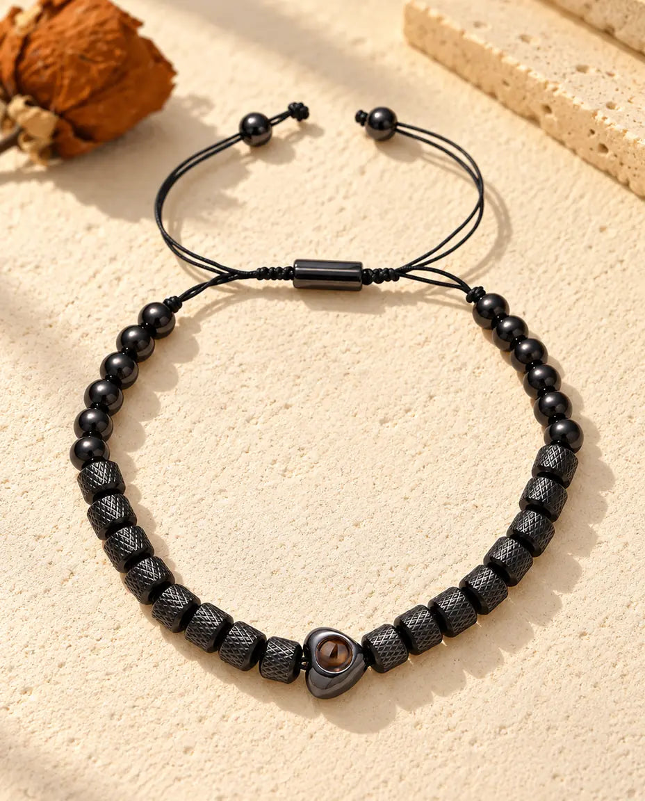 Bracelet unisexe noir à perle cœur, perles cylindriques à motif losange et perles rondes