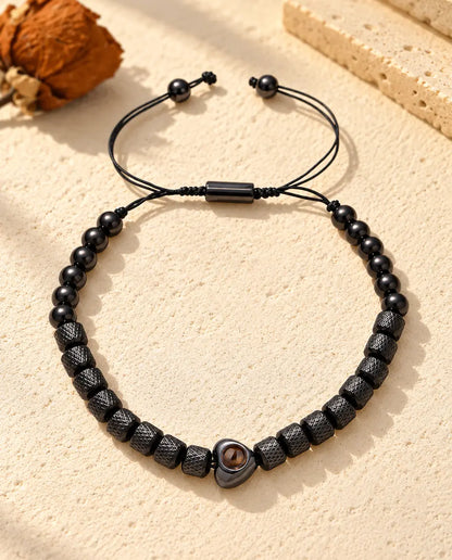 Bracelet unisexe noir à perle cœur, perles cylindriques à motif losange et perles rondes