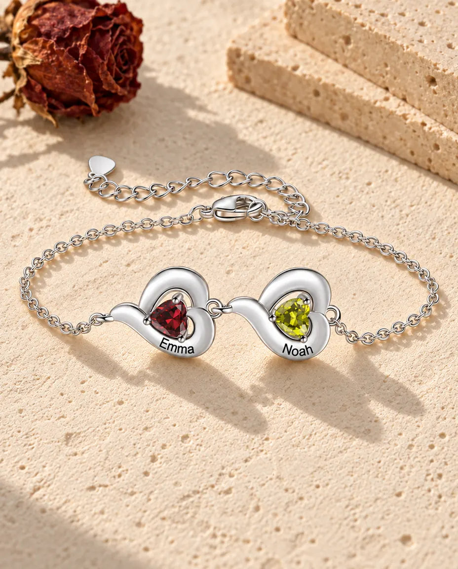 Bracelet Personnalisé Femme - version à 2 prénoms et pierres de naissance