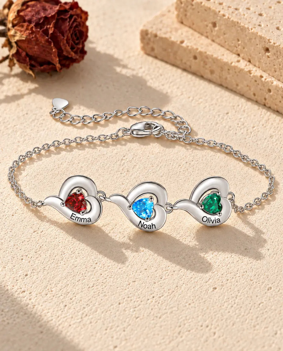Bracelet Personnalisé Femme - version à 3 prénoms et pierres de naissance