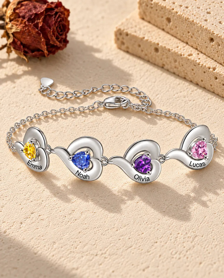Bracelet Personnalisé Femme - version à 4 prénoms et pierres de naissance