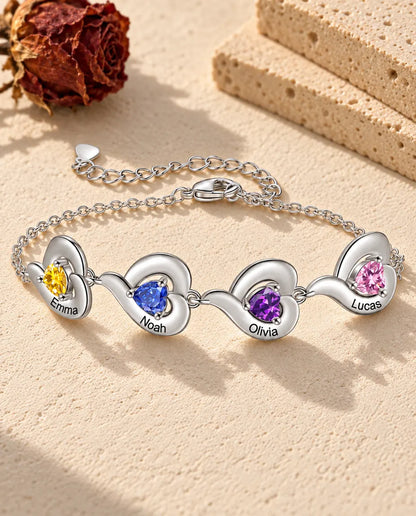 Bracelet Personnalisé Femme - version à 4 prénoms et pierres de naissance