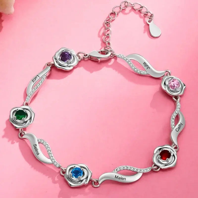 Bracelet Personnalisé Femme – Charm Fleur et Pierres de Naissance, Prénoms Gravés, Cadeau pour Maman
