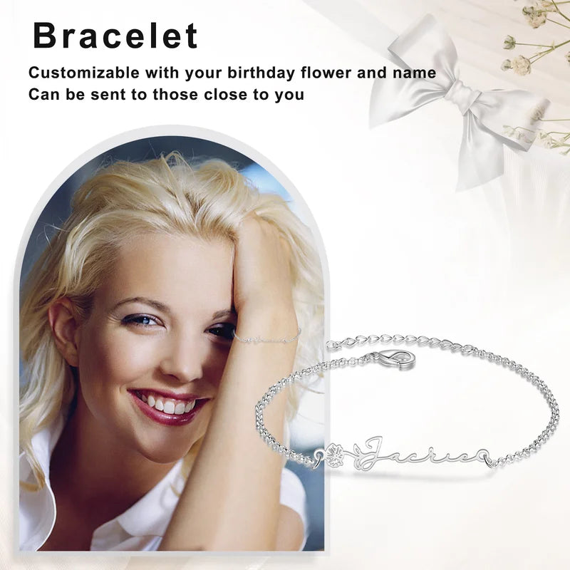 Bracelet Personnalisé Femme – Fleur de Naissance et Prénom Gravé, Cuivre Argenté, Doré ou Or Rose, Cadeau pour Elle, Maman