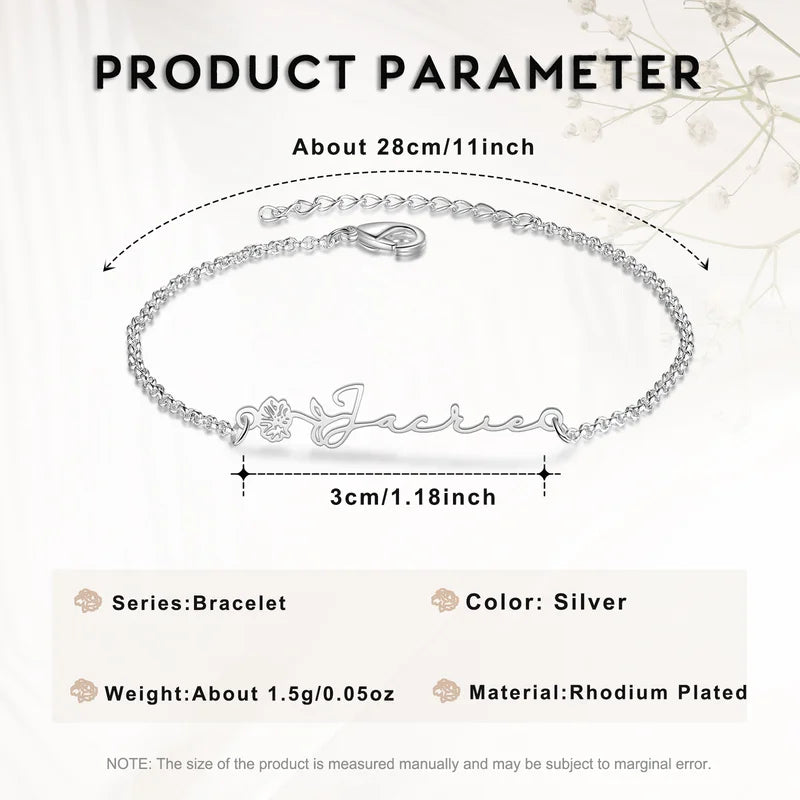 Bracelet Personnalisé Femme – Fleur de Naissance et Prénom Gravé, Cuivre Argenté, Doré ou Or Rose, Cadeau pour Elle, Maman