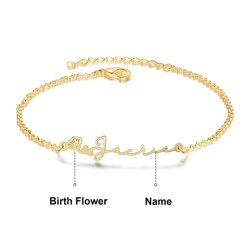 Bracelet Personnalisé Femme – Fleur de Naissance et Prénom Gravé, Cuivre Argenté, Doré ou Or Rose, Cadeau pour Elle, Maman