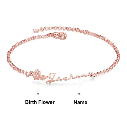 Bracelet Personnalisé Femme – Fleur de Naissance et Prénom Gravé, Cuivre Argenté, Doré ou Or Rose, Cadeau pour Elle, Maman