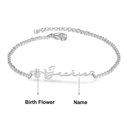 Bracelet Personnalisé Femme – Fleur de Naissance et Prénom Gravé, Cuivre Argenté, Doré ou Or Rose, Cadeau pour Elle, Maman