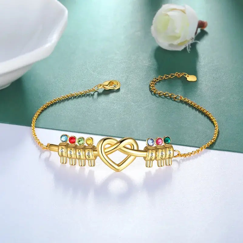 Bracelet Personnalisé Femme – Nœud Cœur avec Pierres de Naissance et Prénoms Gravés, Acier Inoxydable, Cadeau pour Maman, Elle