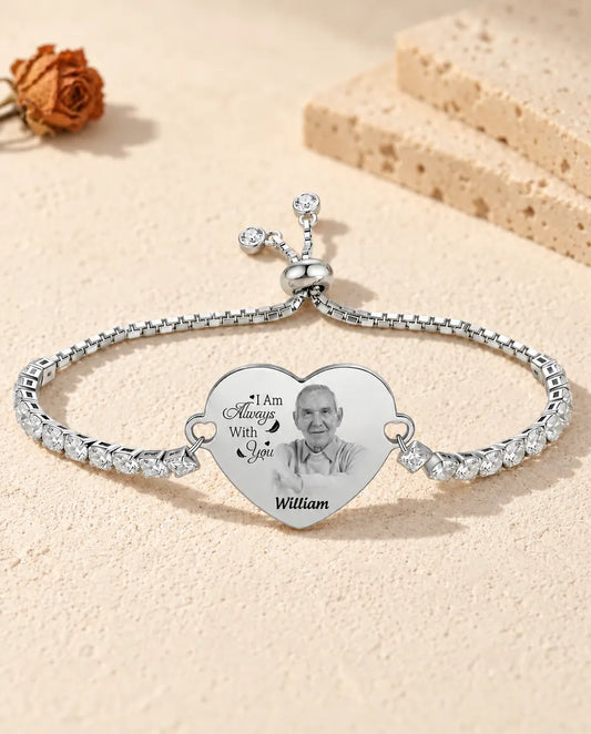 Bracelet tennis cœur photo personnalisé argenté, gravé d'un portrait, d'un message et d'un prénom