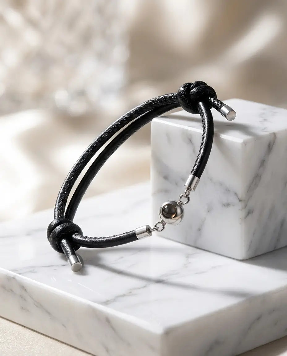 Bracelet Photo – Cuir Tressé avec Perle en Acier Inoxydable, Réglable et Mixte, Projection de Votre Image, Cadeau pour Lui