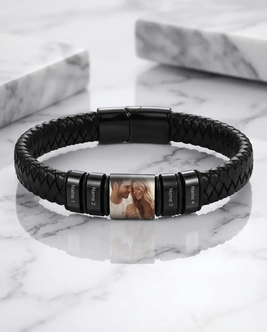 Bracelet Photo Homme – Cuir Tressé avec Charm Photo et Prénoms Gravés, Cadeau pour Papa, Fête des Pères, pour Lui