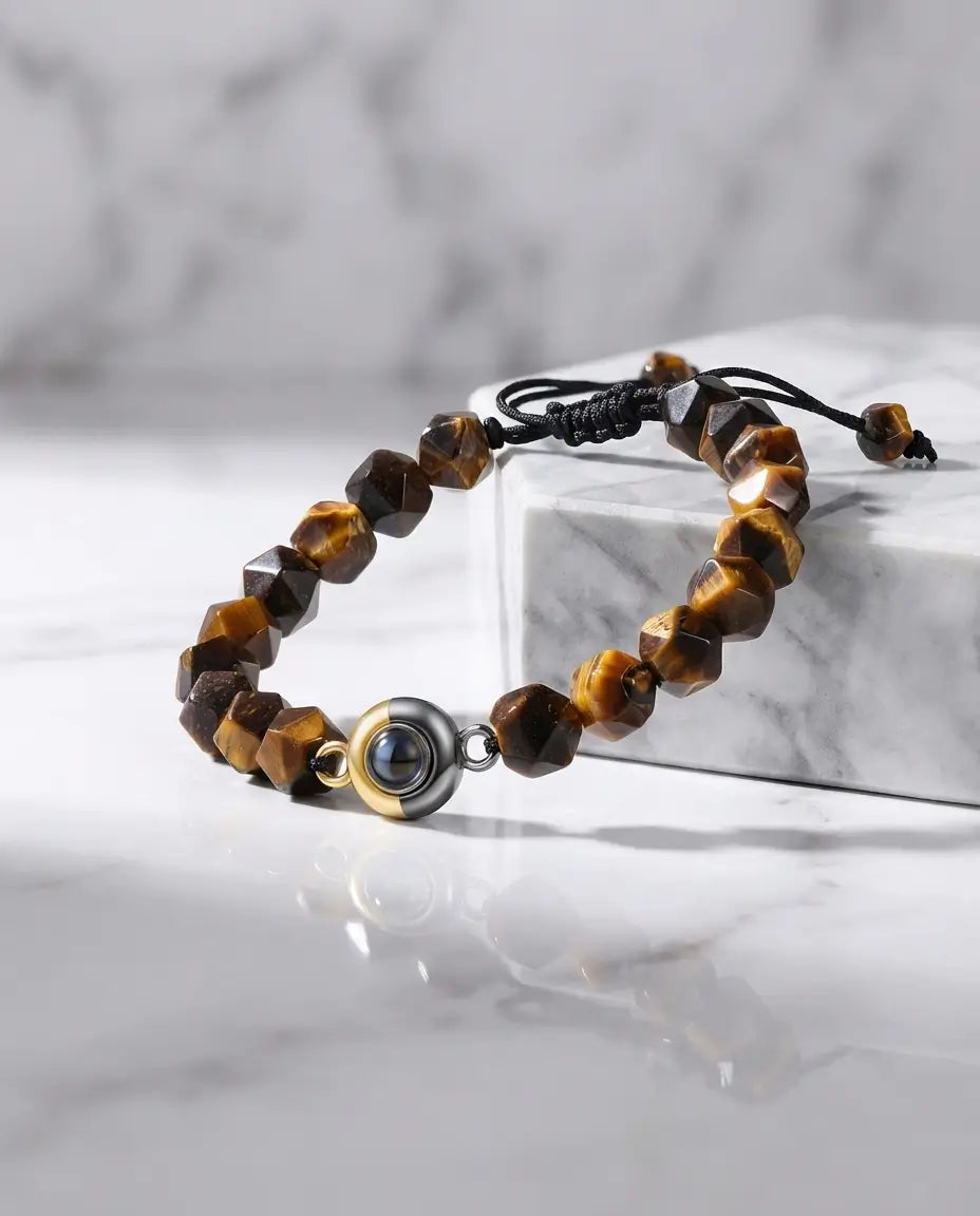 Bracelet Photo – Perles en Œil de Tigre 10 mm, Projection de Votre Photo, Mixte, Cadeau pour Lui ou pour Elle