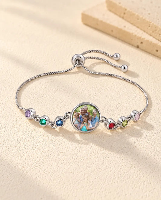 Bracelet Photo Personnalisé avec 1-6 Pierres de Naissance - vue de face