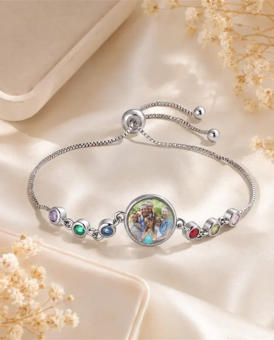 Bracelet Photo Personnalisé avec 1-6 Pierres de Naissance – Bracelet Ajustable avec Perle Photo en Argent, Cadeau pour Maman & Mamie