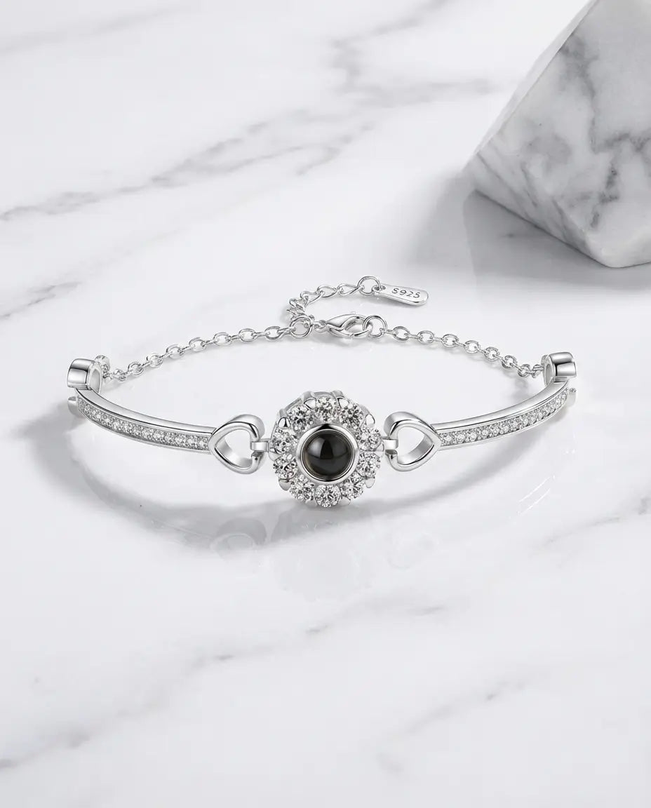 Bracelet Photo Personnalisé – Charm Halo en Cristal avec Photo Cachée à l'Intérieur, Projection Photo, Cadeau pour Elle
