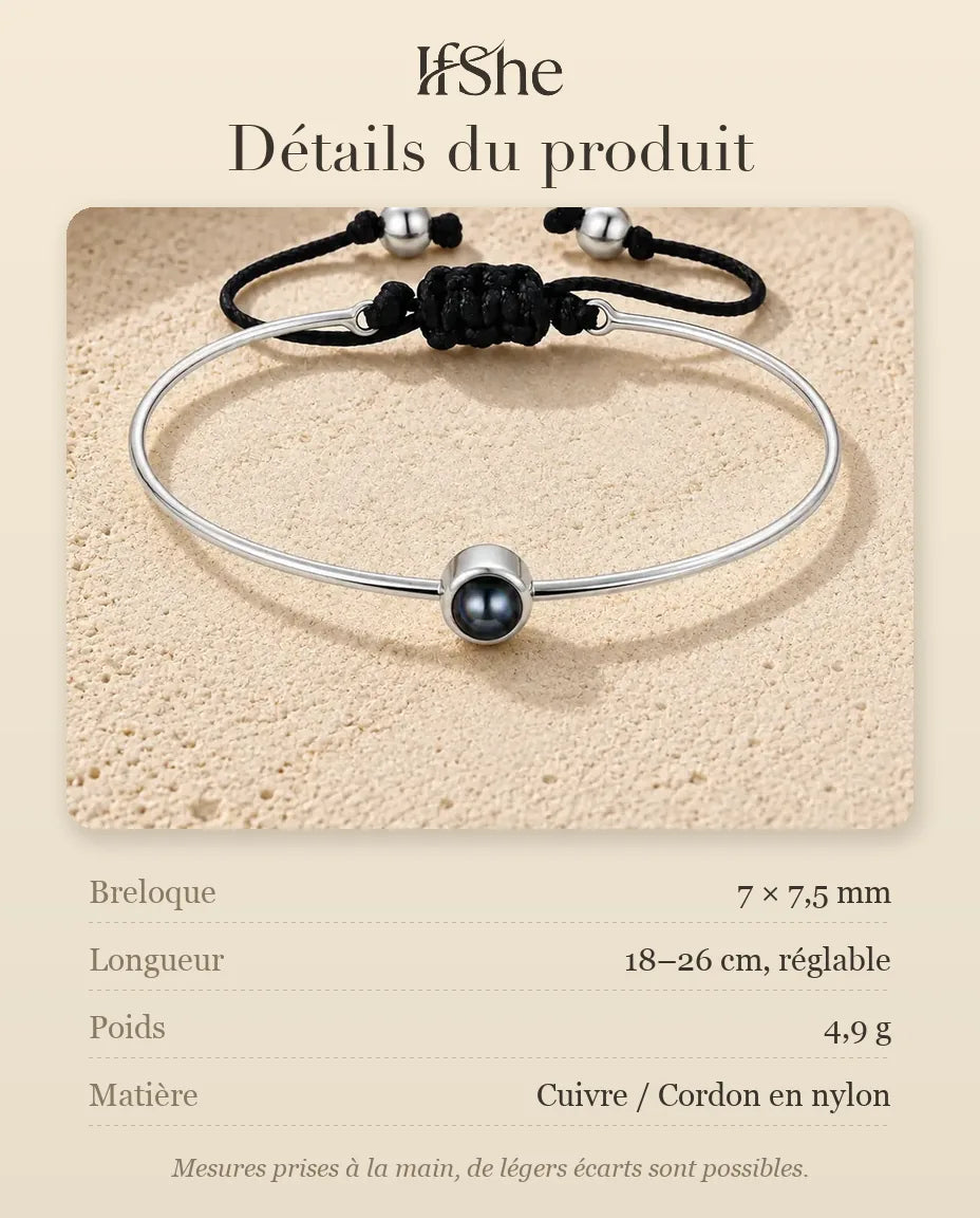Bracelet Photo Projection Personnalisé avec Photo à l'Intérieur - dimensions et matière