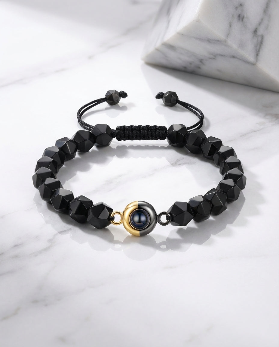 Bracelet Photo – Perles d'Obsidienne Noire Facettées avec Projection Photo, Pierre Naturelle Unisexe, Cadeau pour Elle ou pour Lui