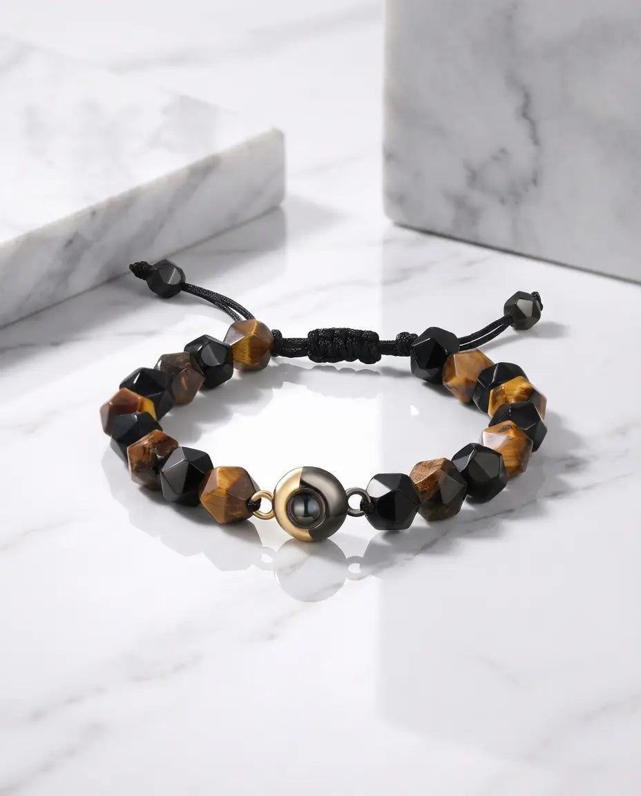 Bracelet Photo Projection – Perles Œil de Tigre Naturel, Photo Cachée dans la Pierre, Cadeau Mixte pour Lui ou pour Elle
