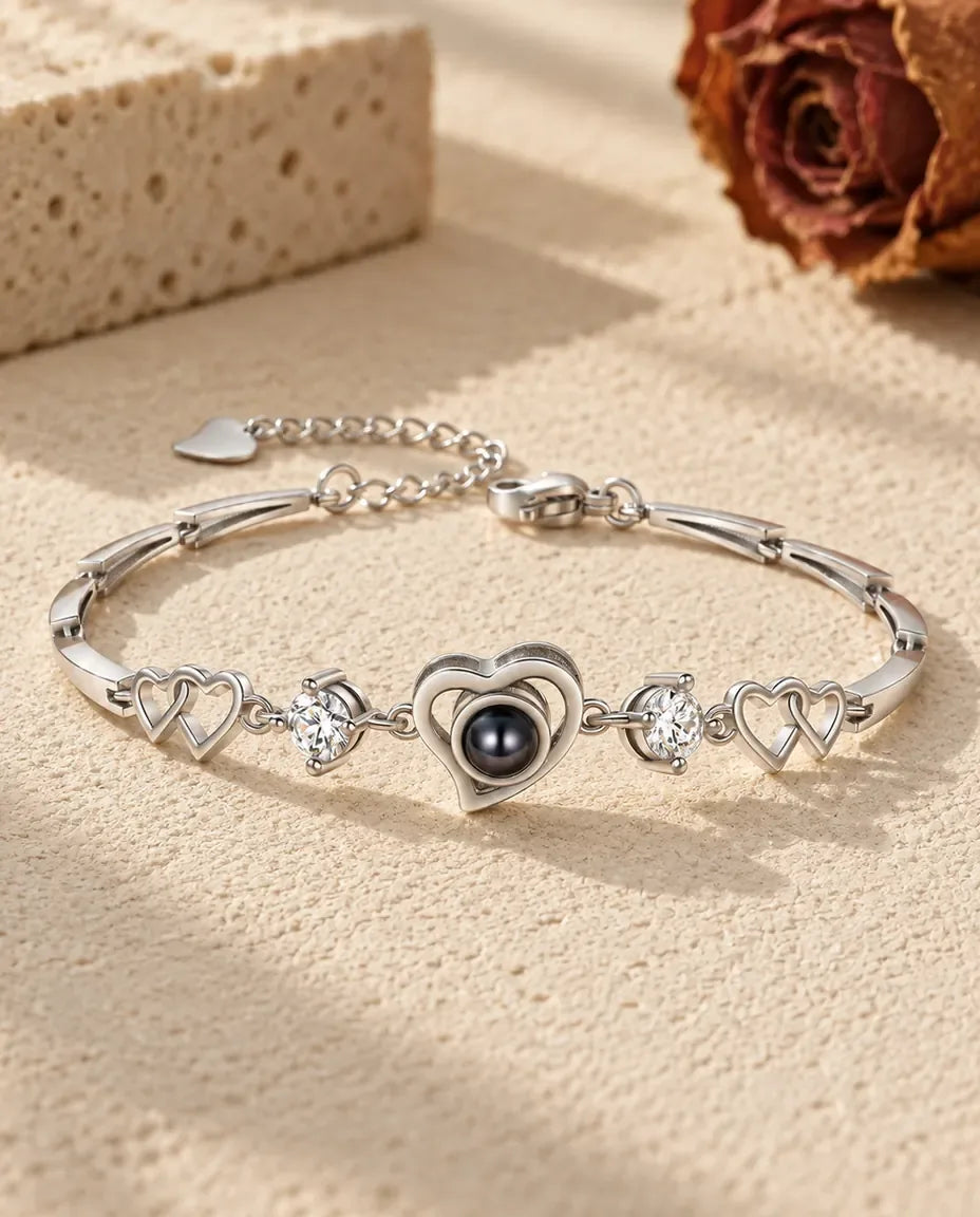 Bracelet Photo Cœurs Entrelacés - vue de face en argent