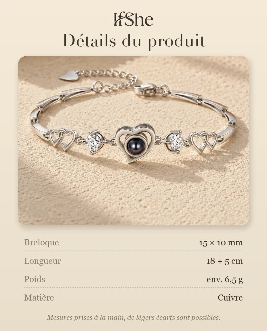 Bracelet Photo Cœurs Entrelacés - dimensions et matière
