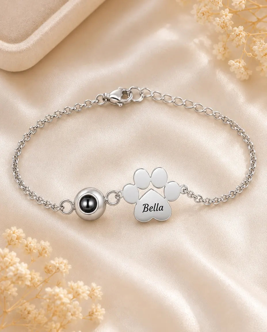 Bracelet Projection Photo Personnalisé avec Patte Gravée, en Argent, Or ou Or Rose, Bijou Souvenir pour Chien