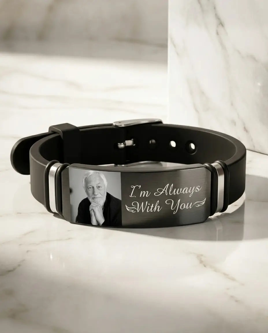 Bracelet Photo Homme – Silicone et Acier Inoxydable avec Projection et Gravure Personnalisée, Cadeau pour Lui, Papa