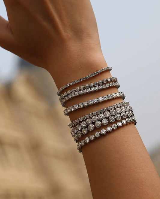 Bracelet Tennis Moissanite en argent 925 – pierres rondes couleur D VVS1 de 3, 4 ou 5 mm, 16 à 18 cm