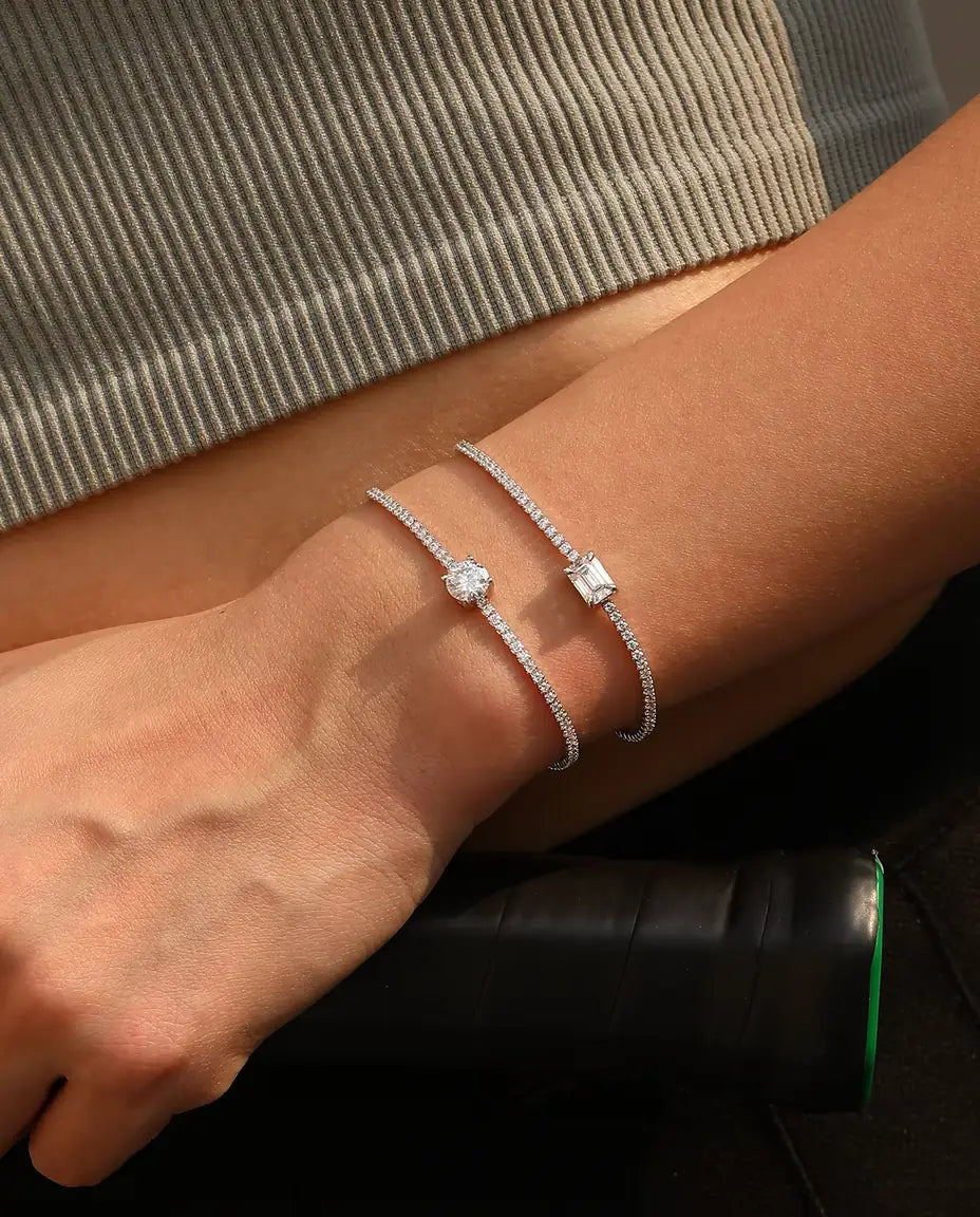 Bracelet Tennis Moissanite Taille Émeraude - 1,00 ct couleur D, 5 x 7 mm, argent massif 925, 16 + 5 cm