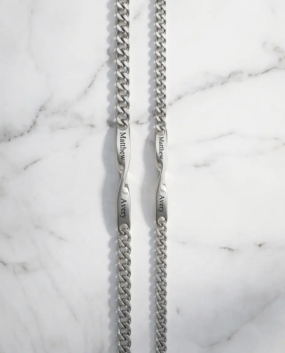 Bracelets Couple – Set Assorti Barre Infini Torsadée en Acier Inoxydable, Deux Prénoms Gravés, Cadeau d'Anniversaire