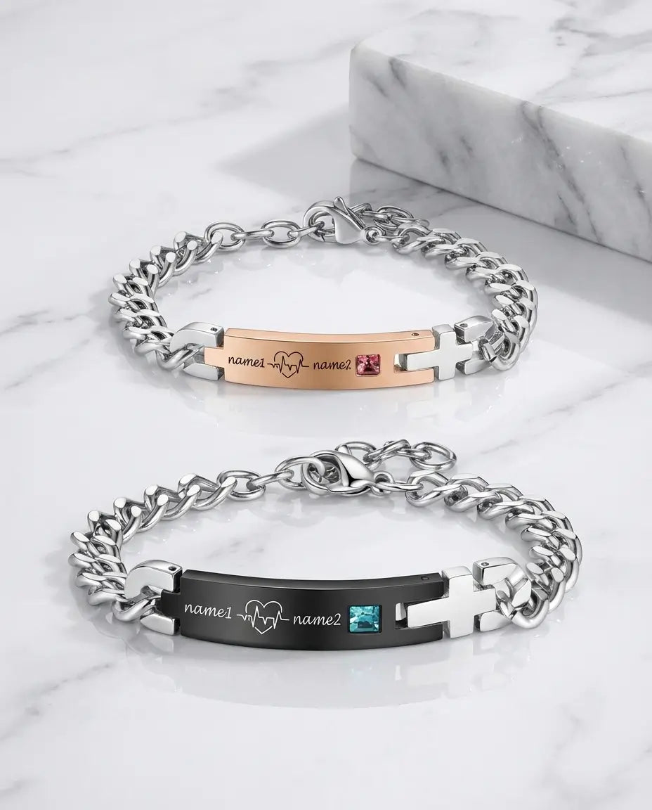 Bracelets Couple – Battement de cœur ECG gravé, acier inoxydable, lot de 2 assortis, cadeau pour couple