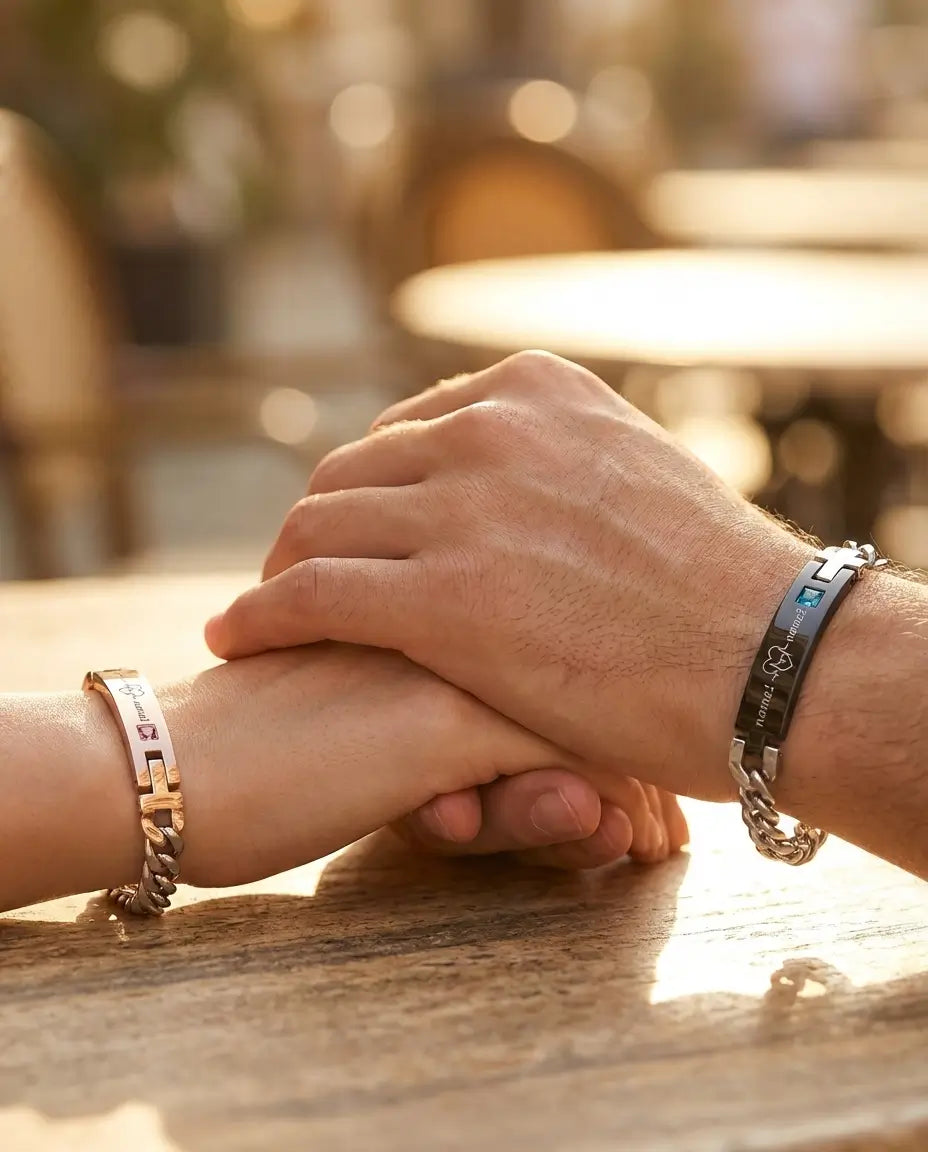 Bracelets Couple – Battement de cœur ECG gravé, acier inoxydable, lot de 2 assortis, cadeau pour couple