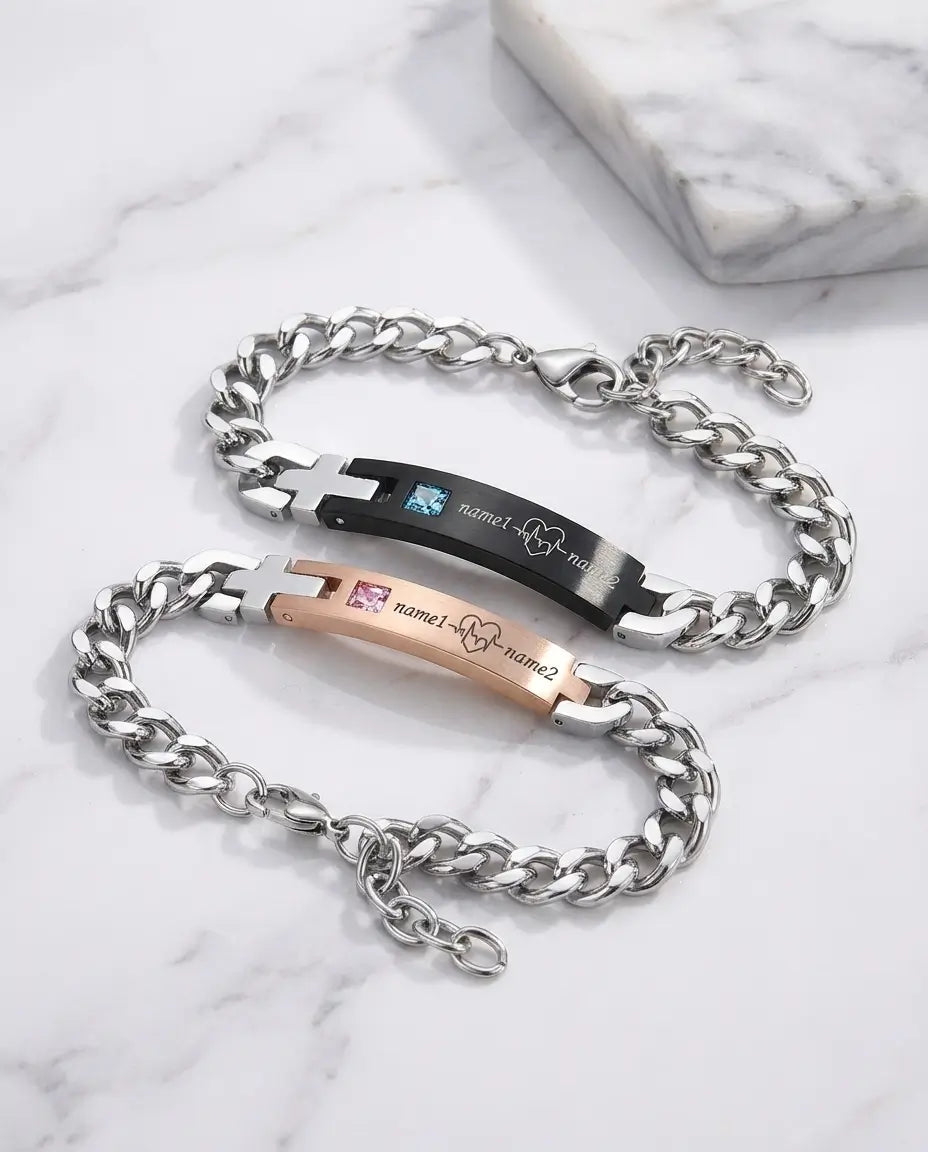 Bracelets Couple – Battement de cœur ECG gravé, acier inoxydable, lot de 2 assortis, cadeau pour couple