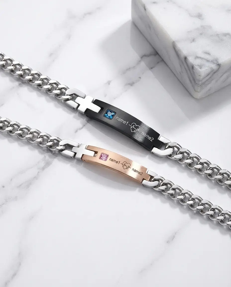 Bracelets Couple – Battement de cœur ECG gravé, acier inoxydable, lot de 2 assortis, cadeau pour couple