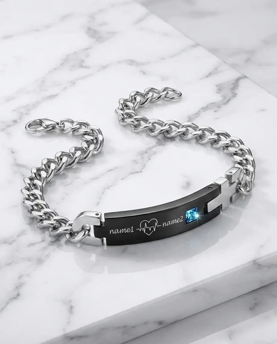 Bracelets Couple – Battement de cœur ECG gravé, acier inoxydable, lot de 2 assortis, cadeau pour couple