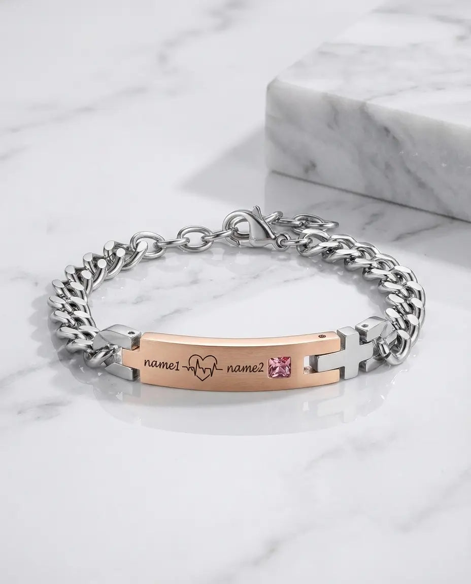 Bracelets Couple – Battement de cœur ECG gravé, acier inoxydable, lot de 2 assortis, cadeau pour couple