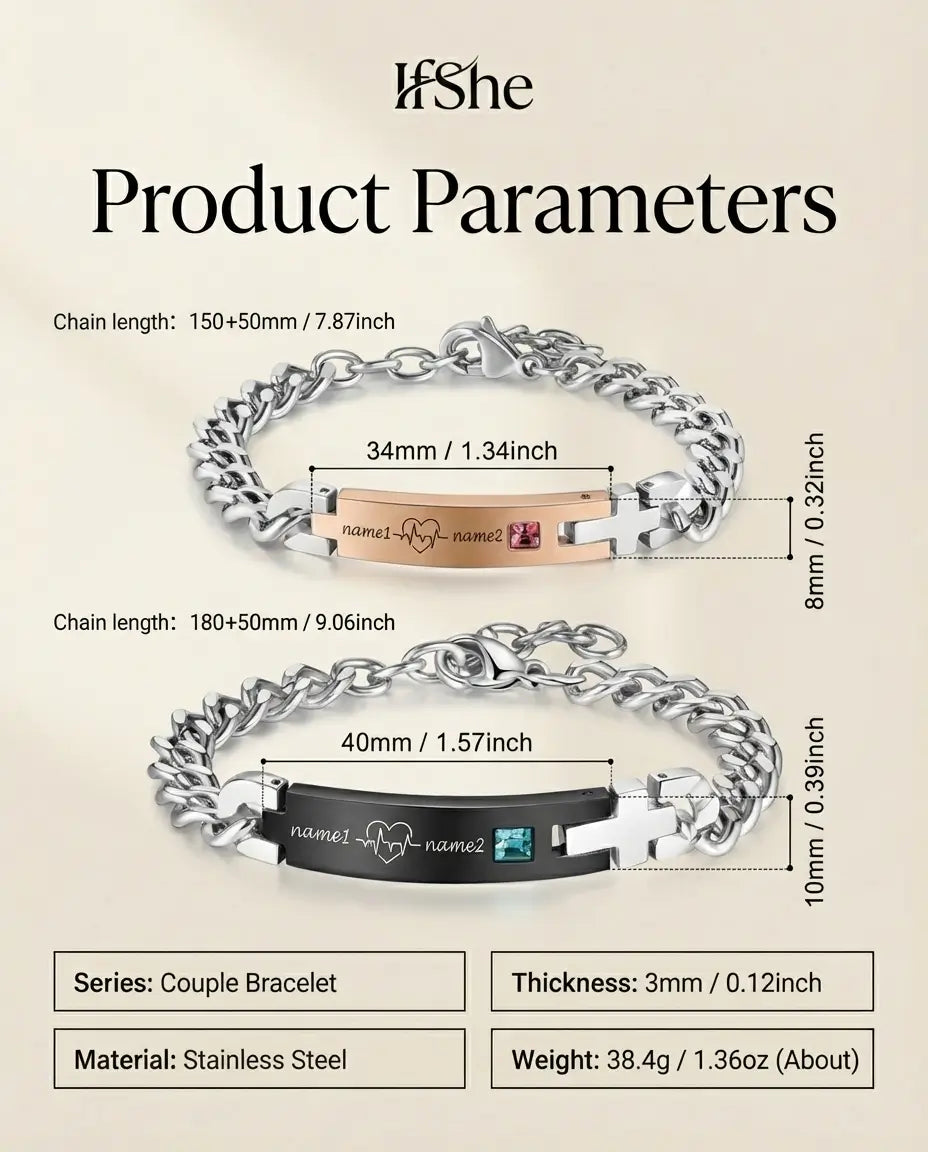 Bracelets Couple – Battement de cœur ECG gravé, acier inoxydable, lot de 2 assortis, cadeau pour couple
